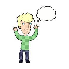 cartoon frightened man with thought bubble N82