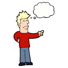 cartoon man pointing with thought bubble N180