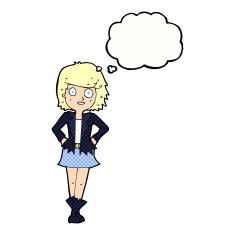 cartoon girl in jacket with thought bubble N10