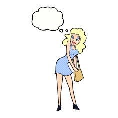 cartoon woman looking in handbag with thought bubble N10
