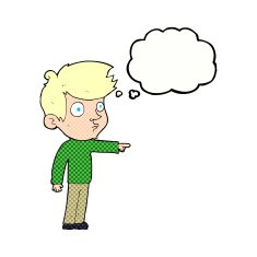 cartoon pointing boy with thought bubble N29