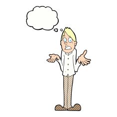 cartoon man shrugging shoulders with thought bubble N32