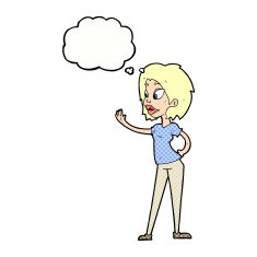 cartoon woman waving with thought bubble N323