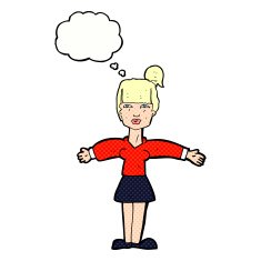 cartoon woman shrugging shoulders with thought bubble N465