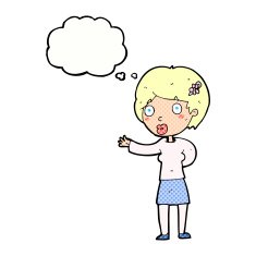 cartoon waving woman with thought bubble N139