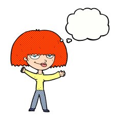 cartoon smug woman with thought bubble N20