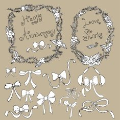 Flower Wreath and Ribbon Bow Doodle Vector