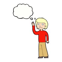 cartoon friendly boy waving with thought bubble N10