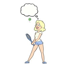 cartoon woman playing tennis with thought bubble N8