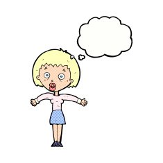 cartoon woman shrugging shoulders with thought bubble N466