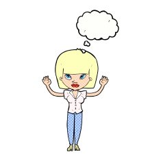 cartoon woman with raised hands thought bubble N10