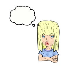 cartoon girl with folded arms thought bubble N10