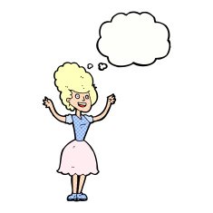 cartoon happy 1950's woman with thought bubble N10