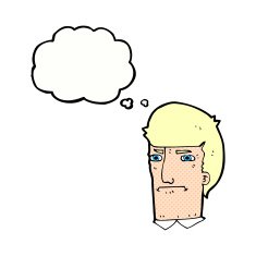 cartoon man narrowing eyes with thought bubble N39