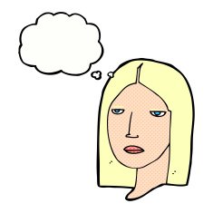 cartoon serious woman with thought bubble N19