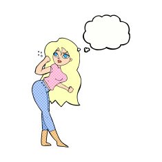 cartoon woman raising fist with thought bubble N10