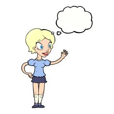 cartoon waving woman with thought bubble N142
