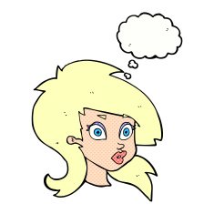 cartoon pretty surprised woman with thought bubble N9
