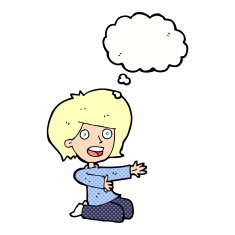 cartoon shocked woman on knees with thought bubble N9