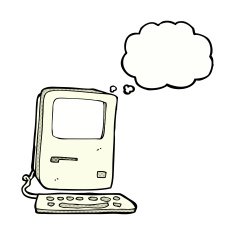 cartoon old computer with thought bubble N21