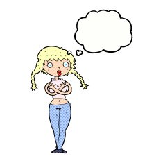 cartoon offended woman covering herself with thought bubble N10