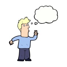 cartoon man giving peace sign with thought bubble N51