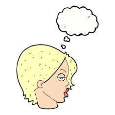 cartoon woman raising eyebrow with thought bubble N19