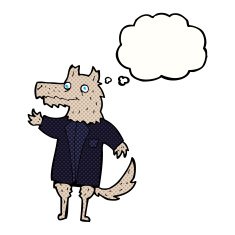 cartoon wolf businessman with thought bubble N6