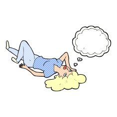 cartoon woman lying on floor with thought bubble N18