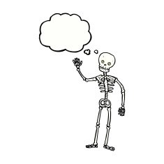 cartoon waving skeleton with thought bubble N10