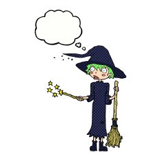 cartoon witch casting spell with thought bubble N19