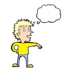 cartoon man making dismissive gesture with thought bubble N19