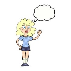 cartoon worried woman waving with thought bubble N18