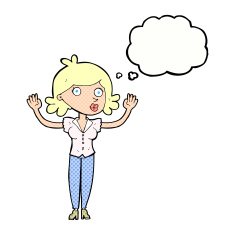 cartoon woman surrendering with thought bubble N10
