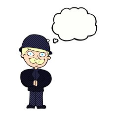 cartoon man in bowler hat with thought bubble N2