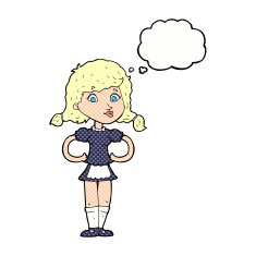 cartoon happy waitress woman with thought bubble N10