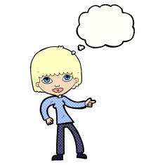 cartoon woman pointing with thought bubble N205