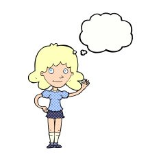 cartoon woman waving with thought bubble N326