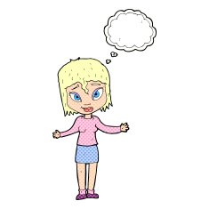 cartoon woman shrugging shoulders with thought bubble N472