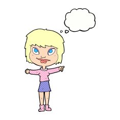 cartoon woman pointing with thought bubble N207