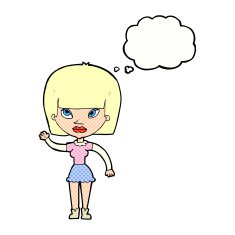 cartoonw woman waving with thought bubble N2