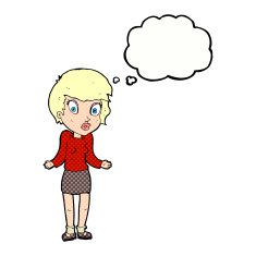 cartoon woman shrugging shoulders with thought bubble N473