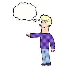 cartoon man pointing with thought bubble N185