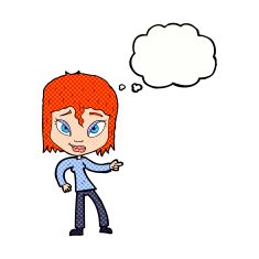 cartoon relaxed woman pointing with thought bubble N10