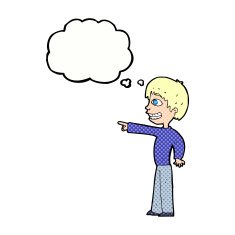 cartoon grinning boy pointing with thought bubble N9