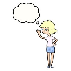 cartoon friendly girl waving with thought bubble N9