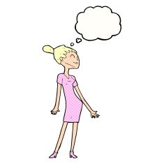 cartoon woman in dress with thought bubble N38