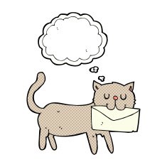 cartoon cat carrying letter with thought bubble N10