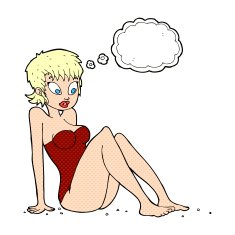 cartoon woman in swimsuit with thought bubble N9