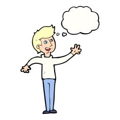 cartoon man waving with thought bubble N29
